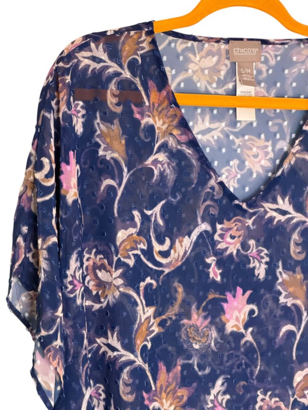 Chicos Sheer Dolman Top Blouse Shirt Asymmetrical Paisley Floral Blue S M - Picture 2 of 8